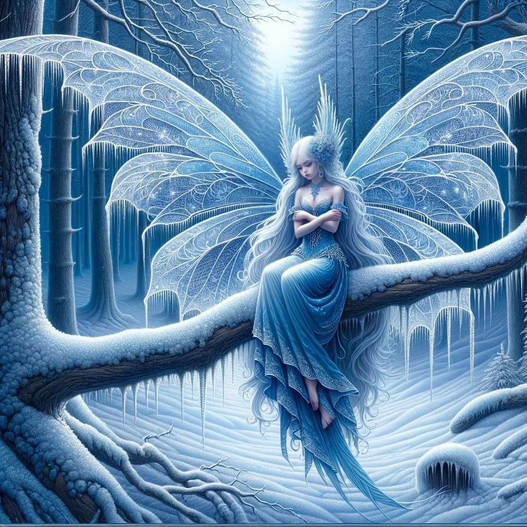Frost Faerie with Glistening Wings on Frozen Branch