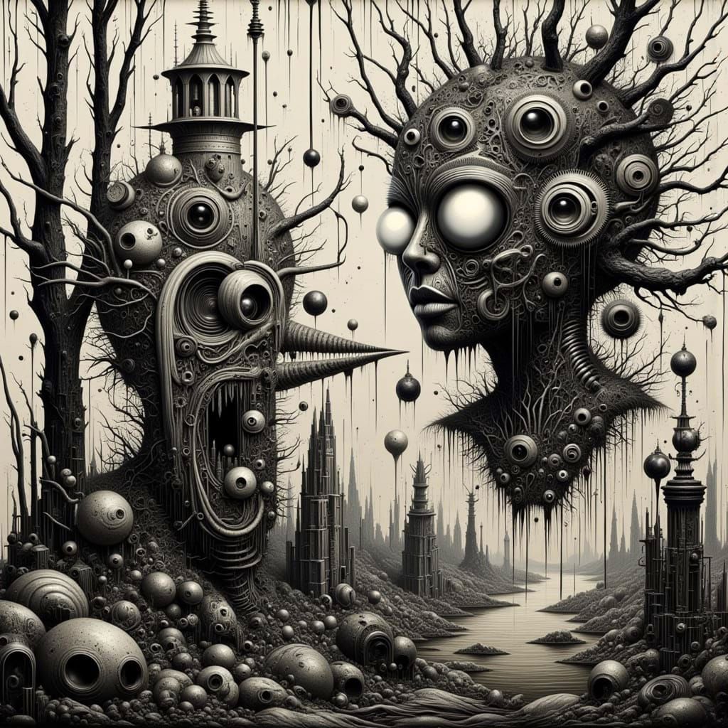 Bizarre, Futuristic Cityscape in Grungy Black and White