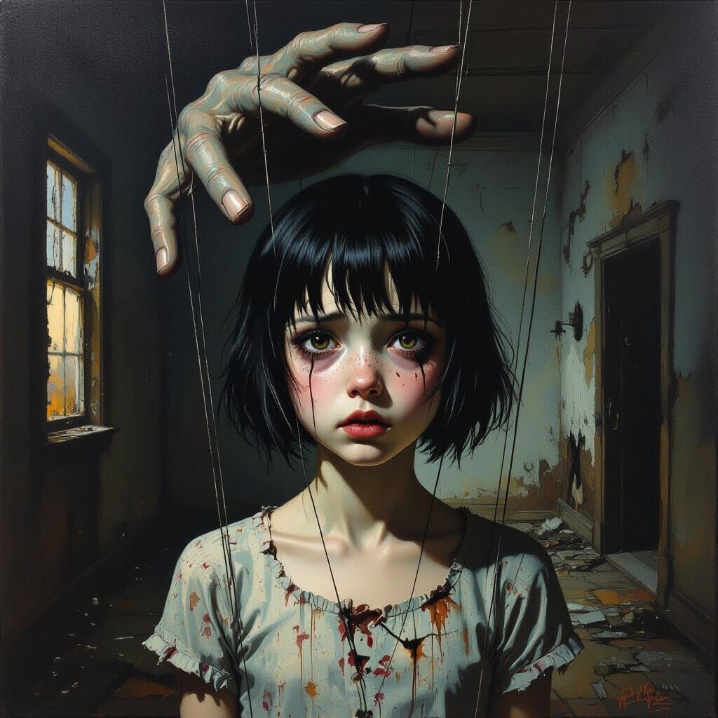 Surreal Oil Painting of Manipulated Girl in Abandoned House