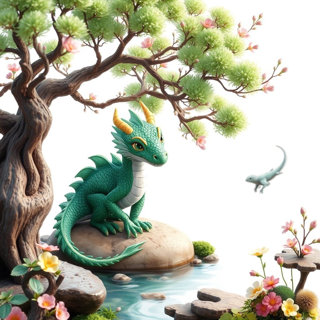 Whimsical Dragon Tends to Bonsai Garden in Watercolor Fantas...