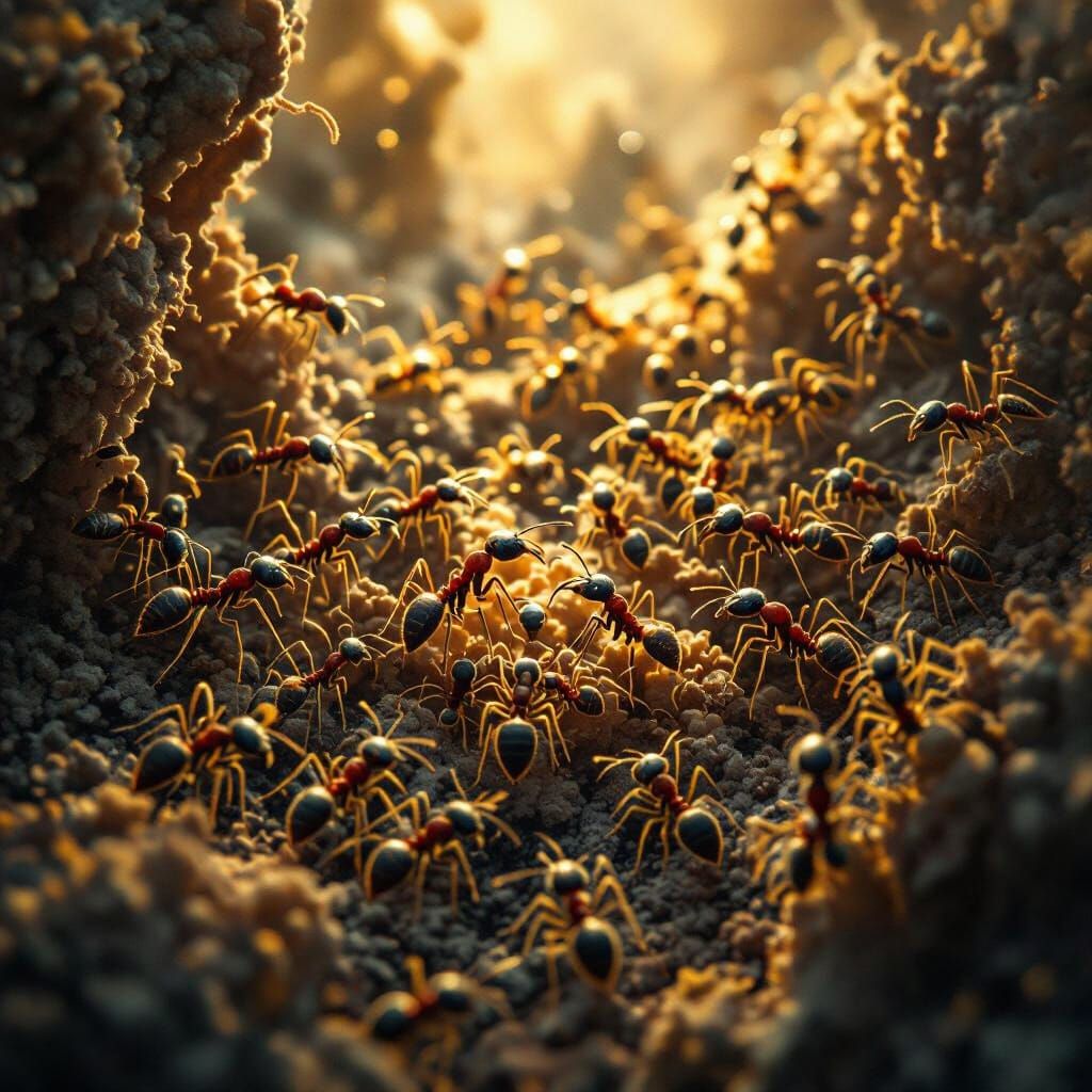 Hyper-Detailed Ant Colony with Golden Lighting