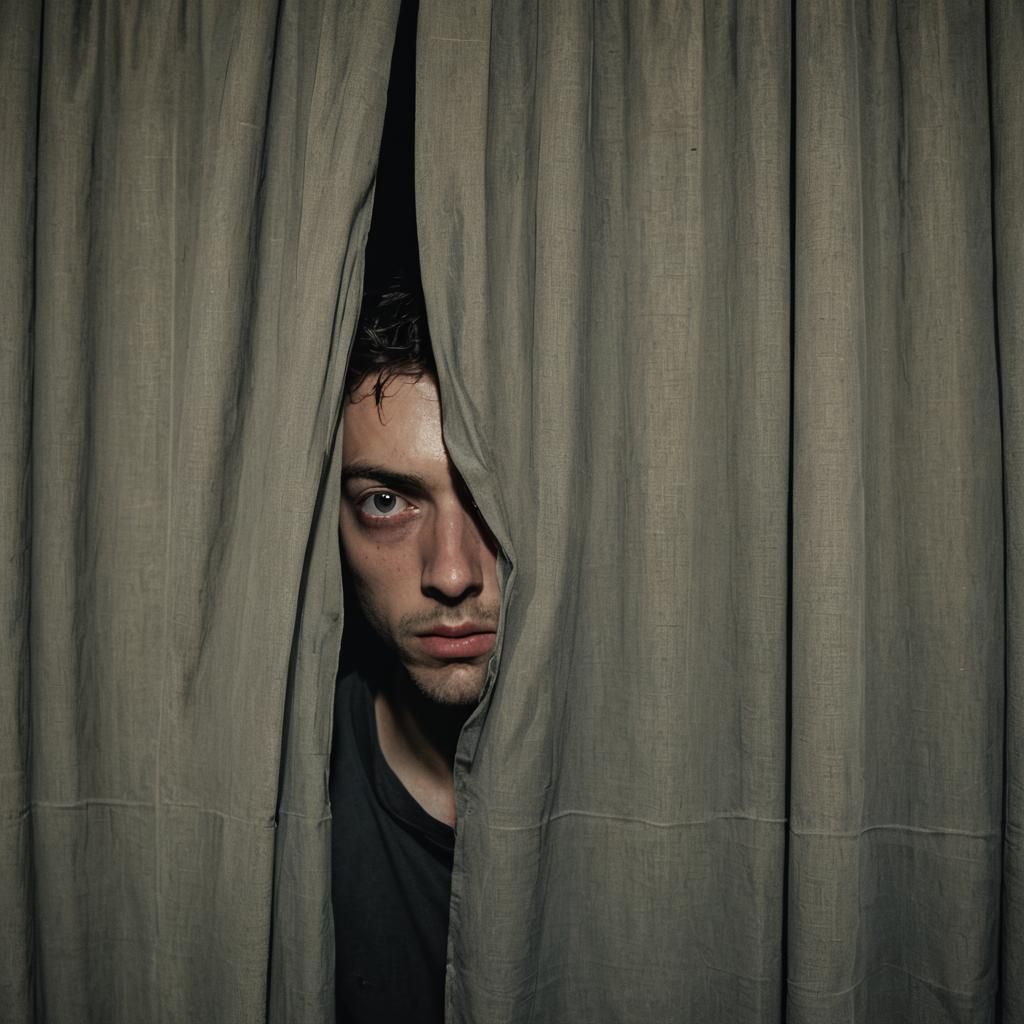 Pale Man Peeking Behind Curtain in Dark House