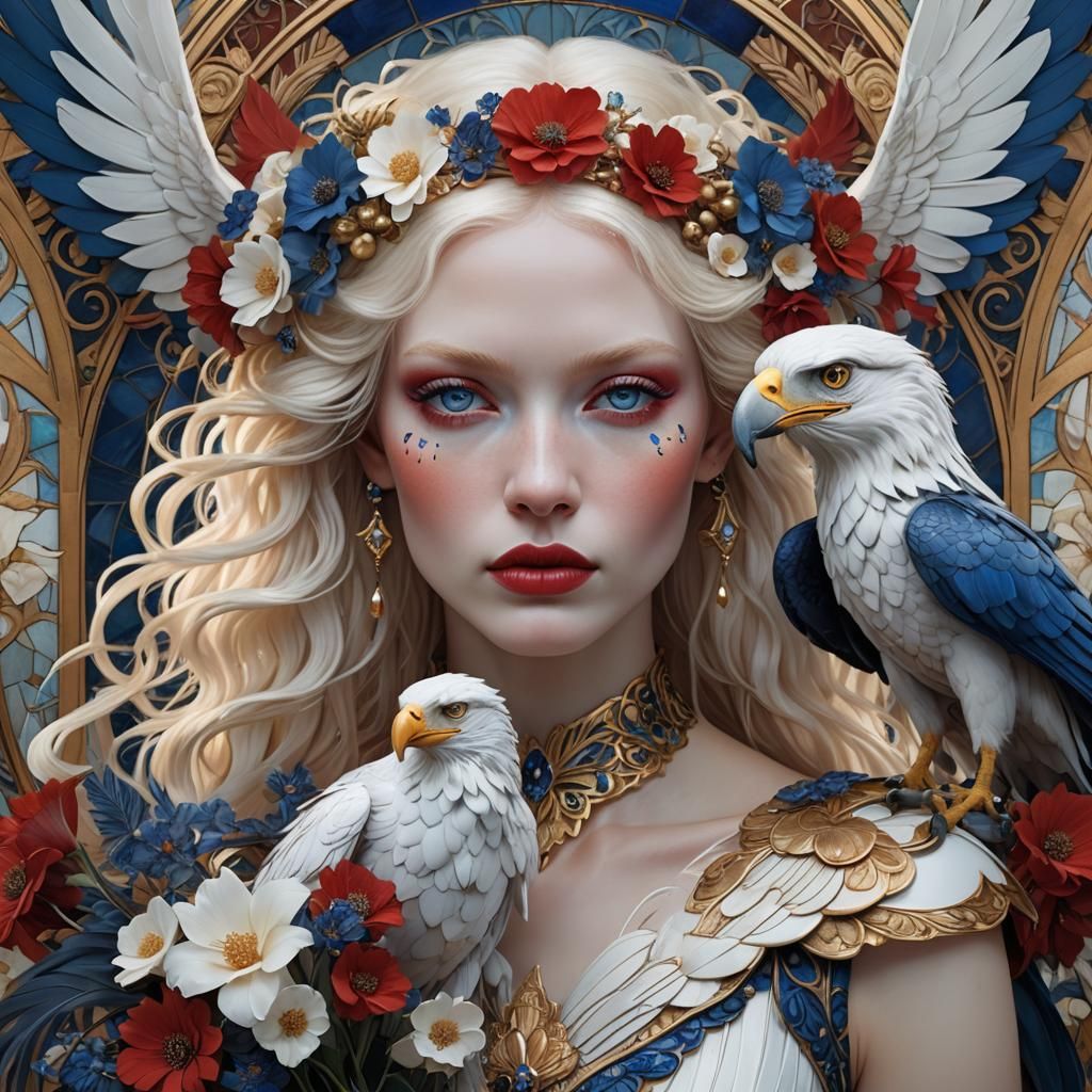 Art Nouveau Portrait of Supermodel with Flowers and Eagle