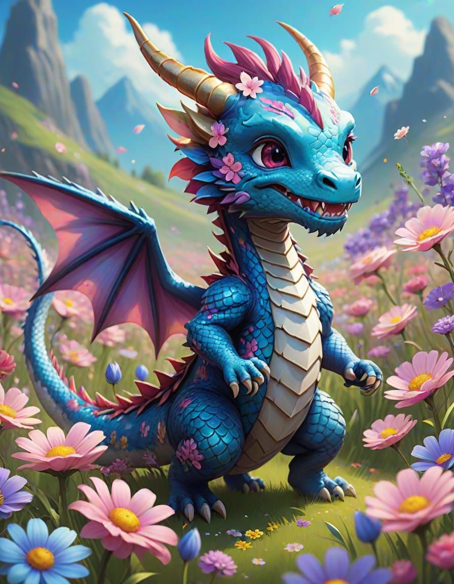 Enchanting Chibi Dragon Dances in Flower Field