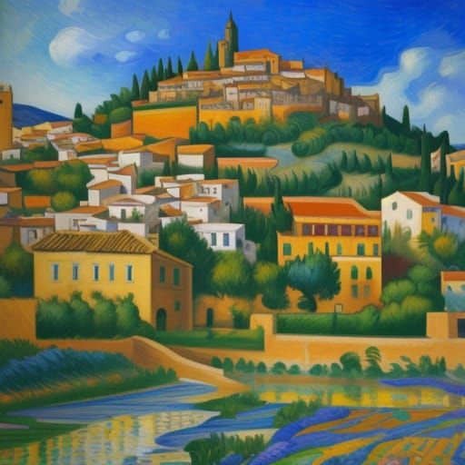 Andalusian Village Scene in Neo-Impressionist Style