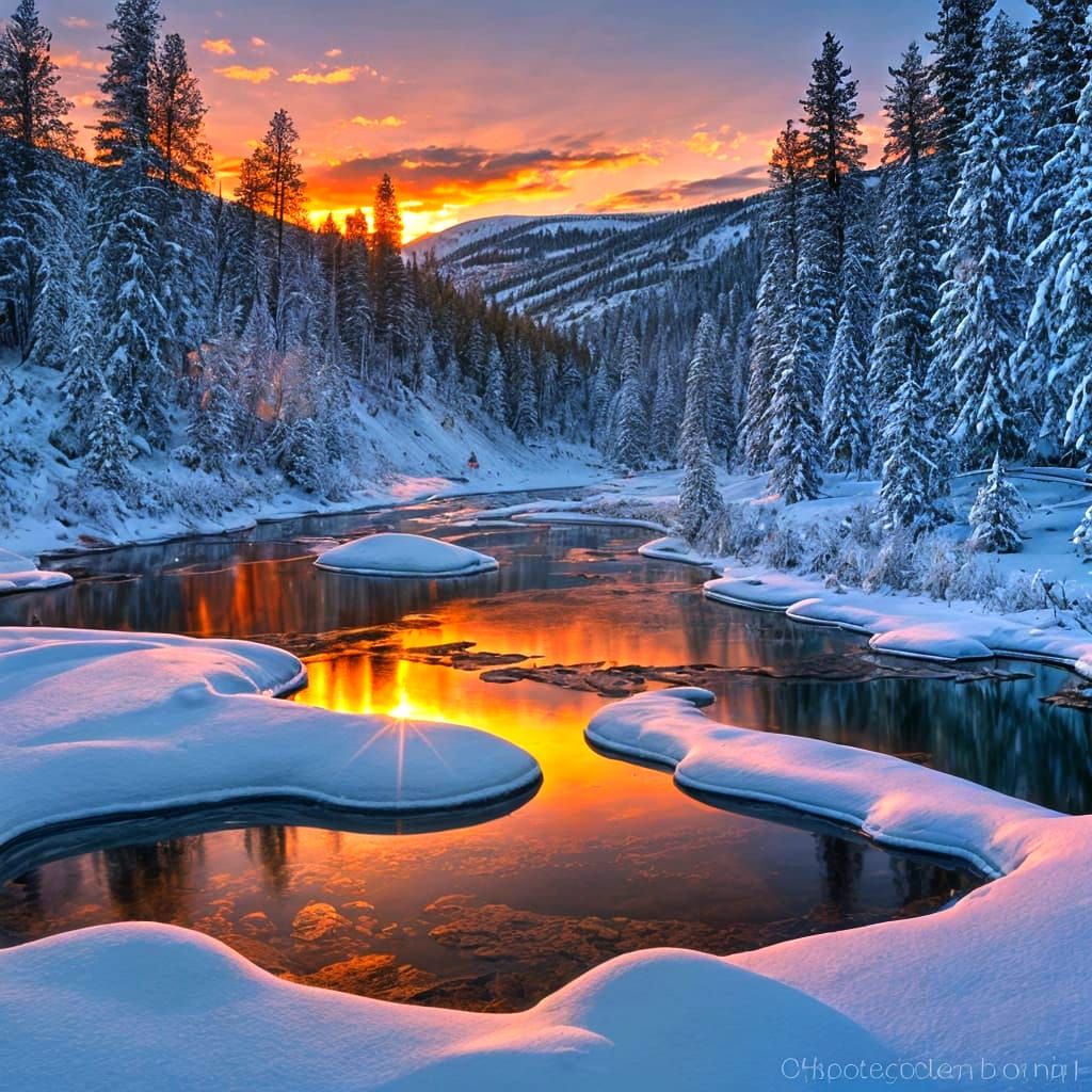 Yellowstone Winter Sunset in Copper and Red