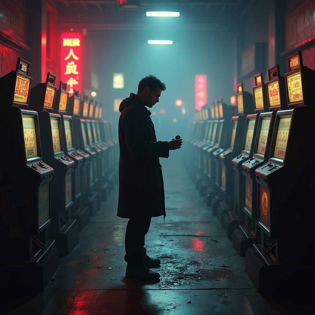 Cyberpunk Figure Hesitates at the Edge of Fate