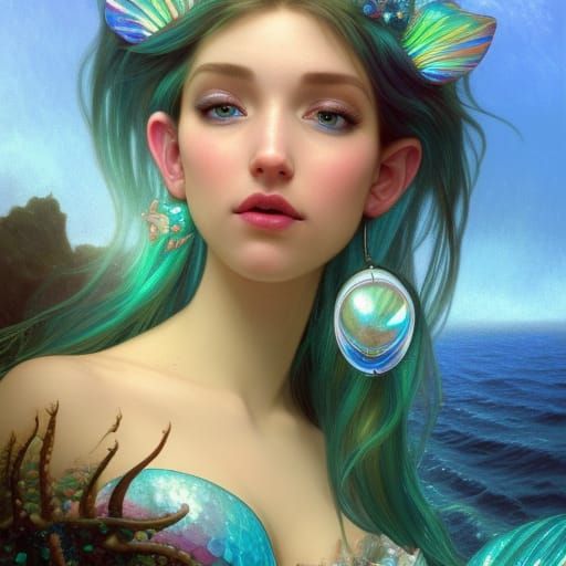 Elven Mermaid in Oceanic Pond, Hyperdetailed Digital Art