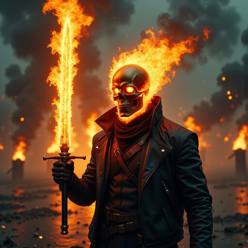Flaming Skull Soldier in Sci-Fi City