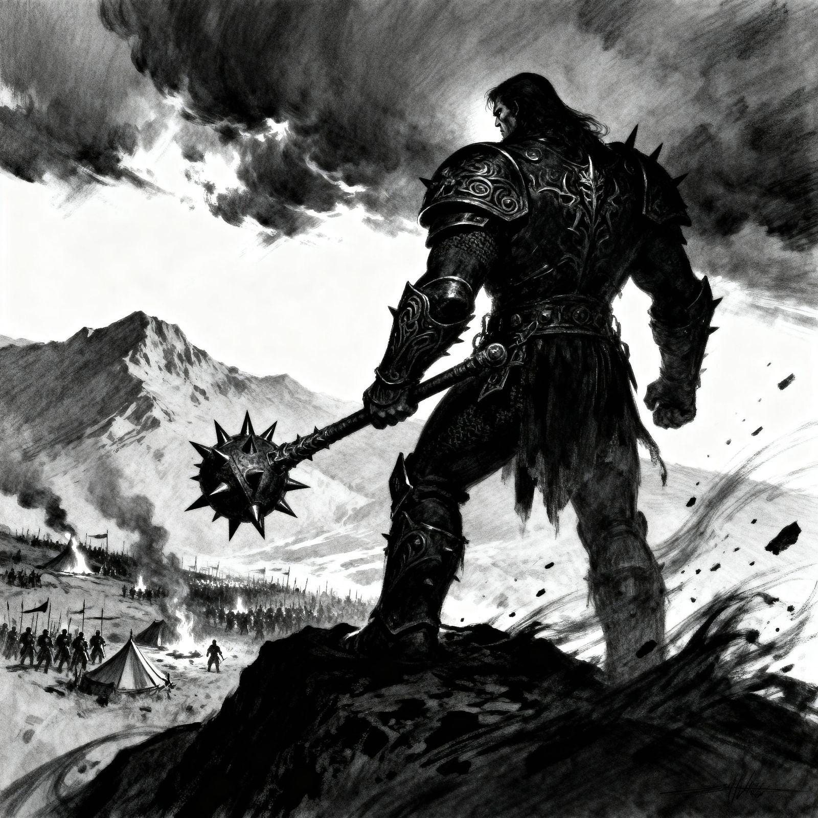 Giant Warlord in Black Armor with Mace on Mountain