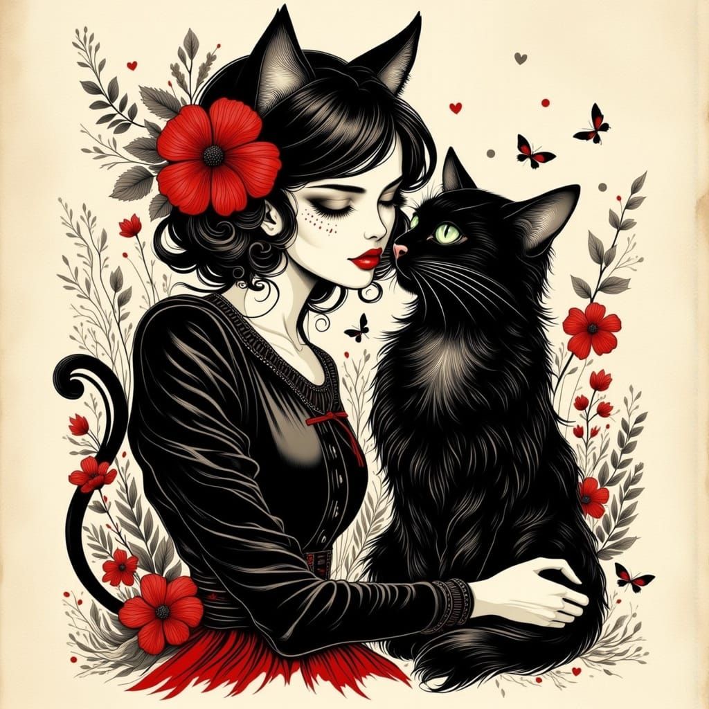 Neo-Traditional Tattoo Art of Woman with Cat