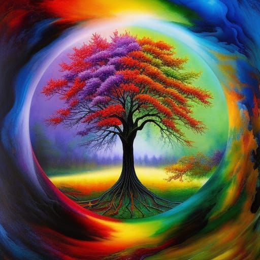 Four Seasons Earth Tree of Life in Impasto Style