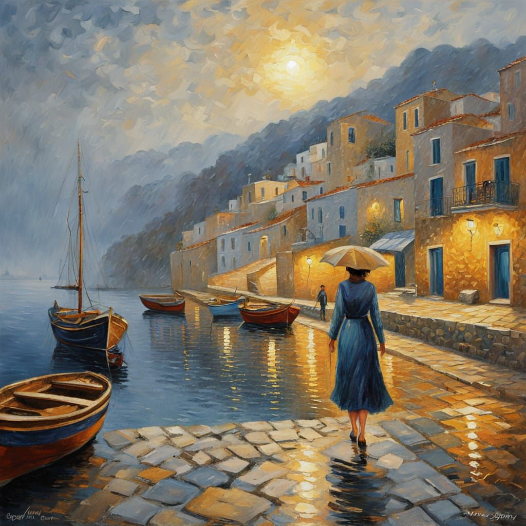 Impressionistic Greek Harbor Scene in Rainy Weather