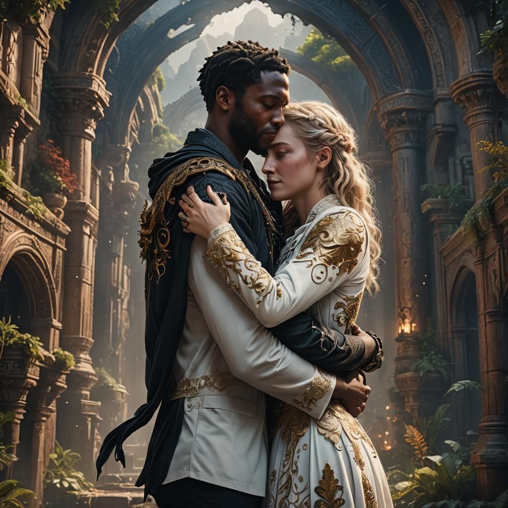 Black Man and White Woman Hugging: Detailed Matte Painting