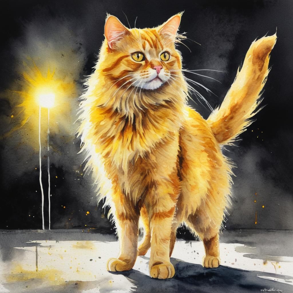 watercolor, slender yellow cat