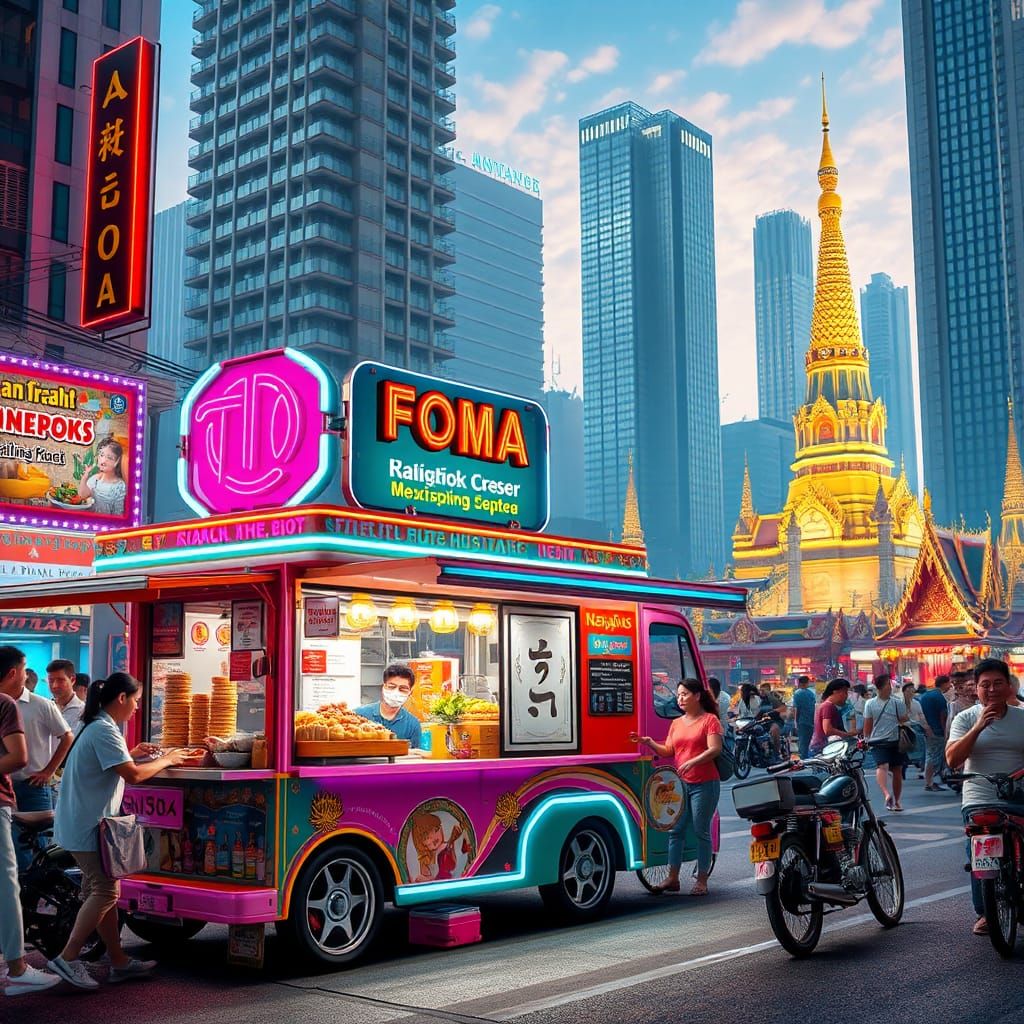 Bangkok Street Food Truck in Hyperrealistic Anime Style