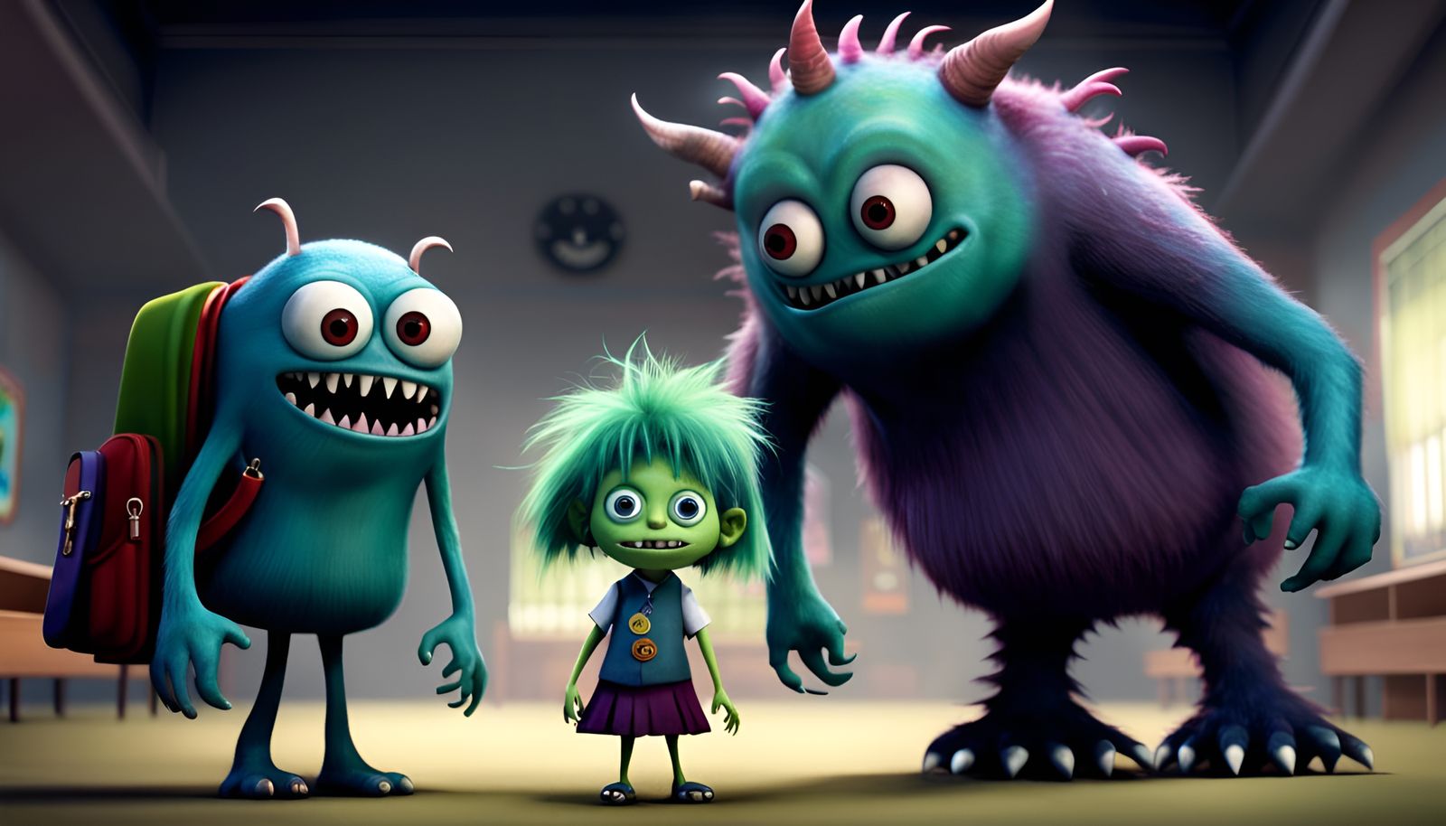 A young monster girl and a monster boy rush to the first day at school, with the teacher monster, the teacher monster is...