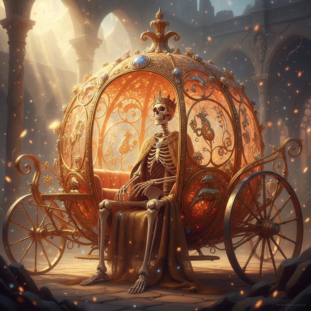 Skeleton in Enchanted Pumpkin Carriage - Fantasy Art