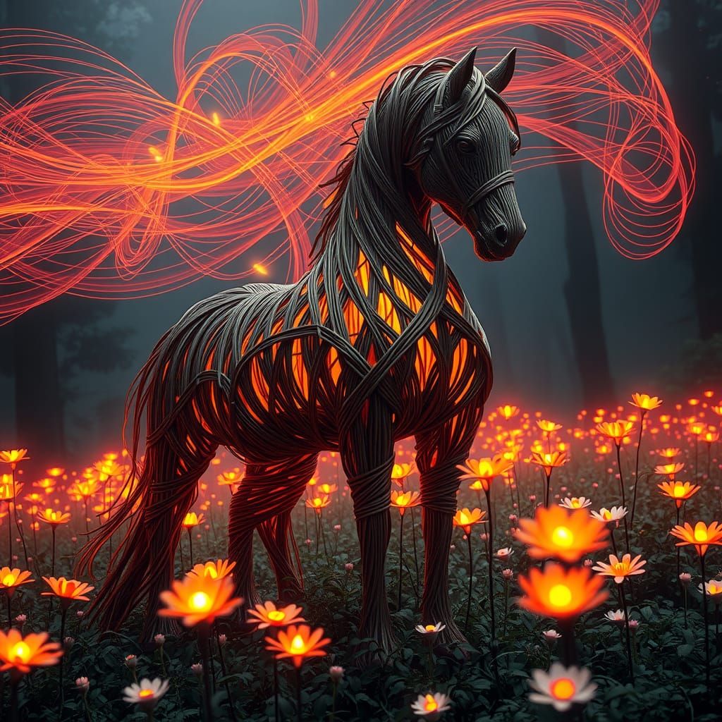 String Horse Sculpture in Fantasy Meadow, 8K