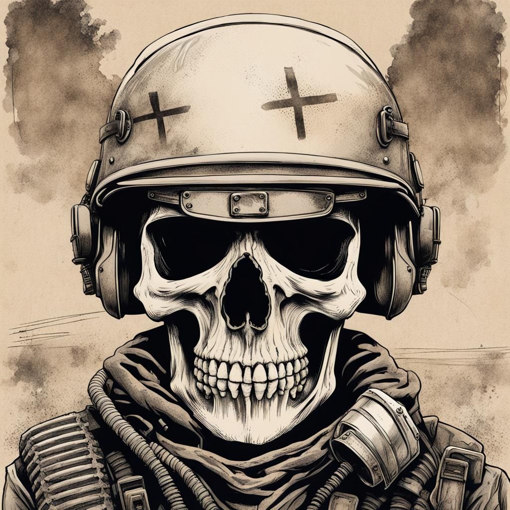 Skull in Military Helmet in Post-Apocalyptic Wasteland