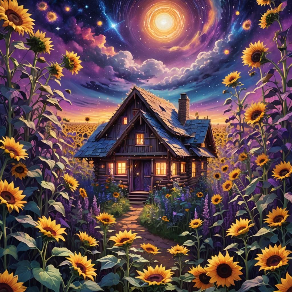 Purple Sunflowers Surround Cozy Cabin in Cosmic Style