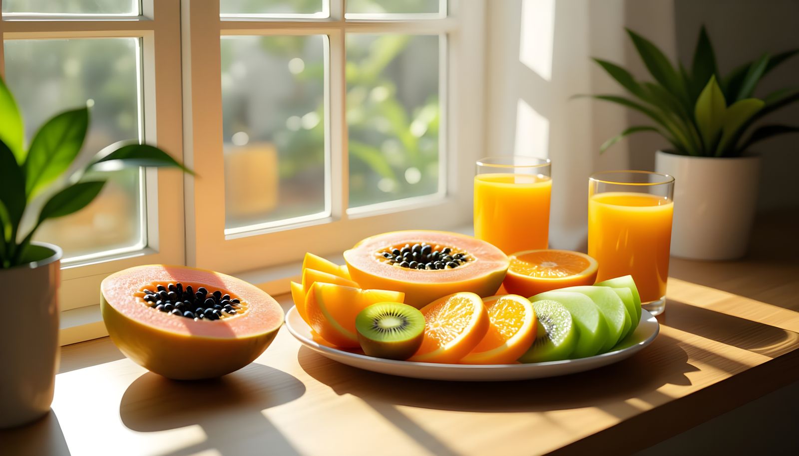 Vibrant Fruit Platter with Sunlight and Juice