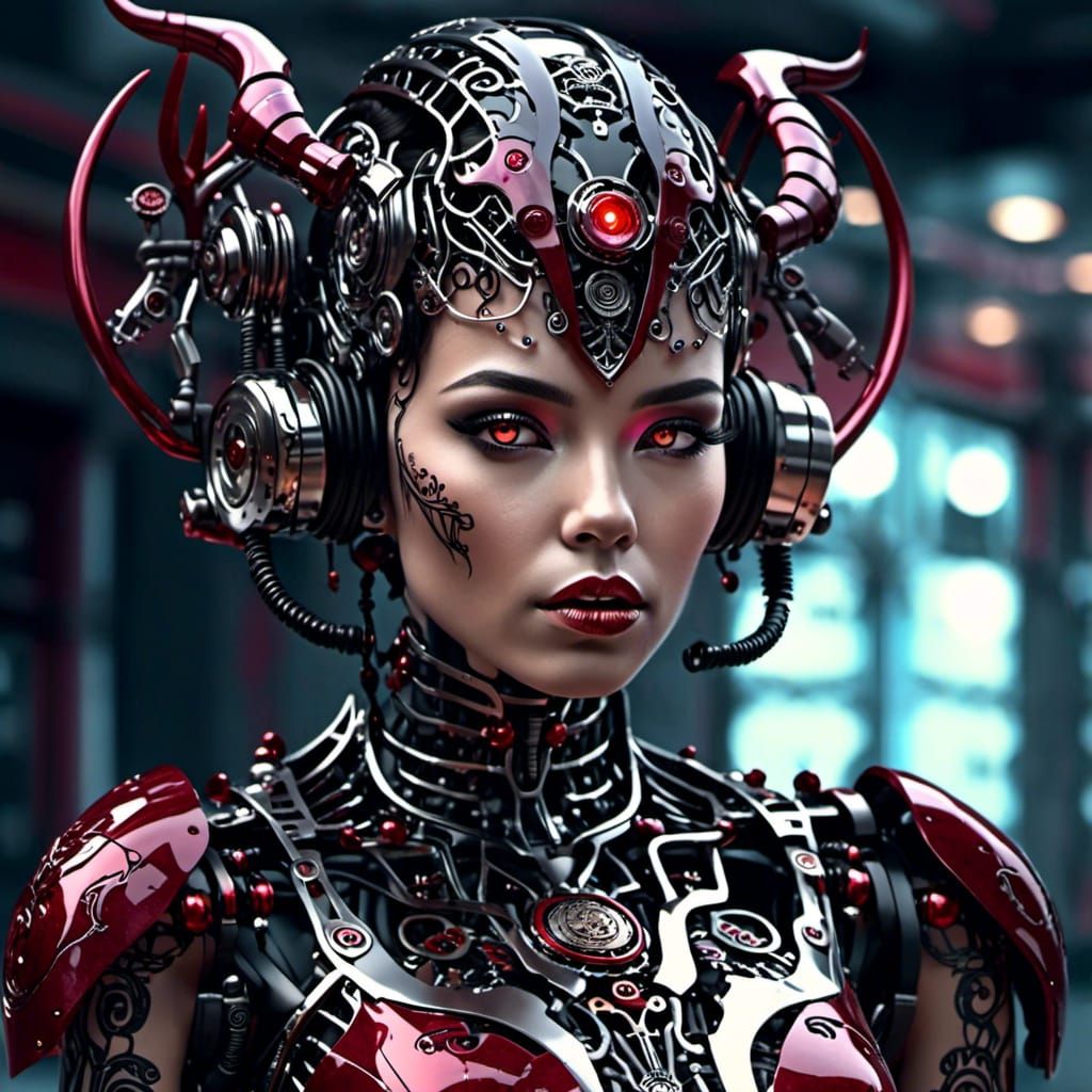 Cyberpunk Woman with Metal Antlers in Tropical Punk Style