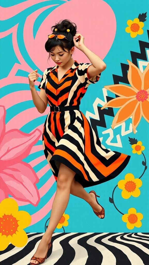 Youthful Mod Girl Dancing in Psychedelic Harmony