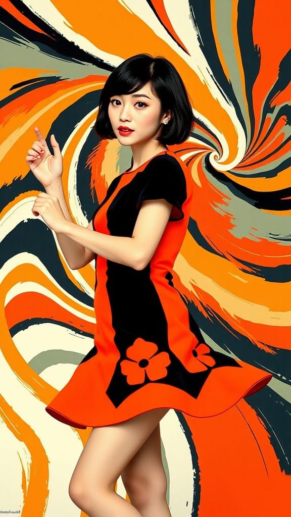 Elegant Mod Girl Swirls in Psychedelic Dance