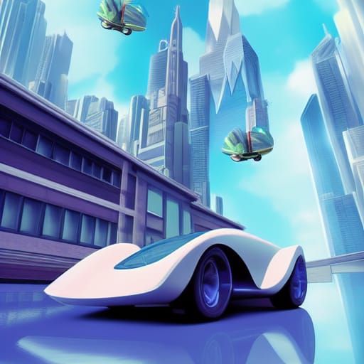 Flying Cars in Dystopian City, Ghibli-Style Illustration