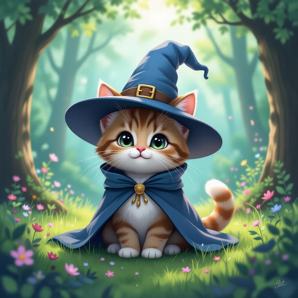 Wizard Cat in Magical Forest: Cartoon Pastel Art