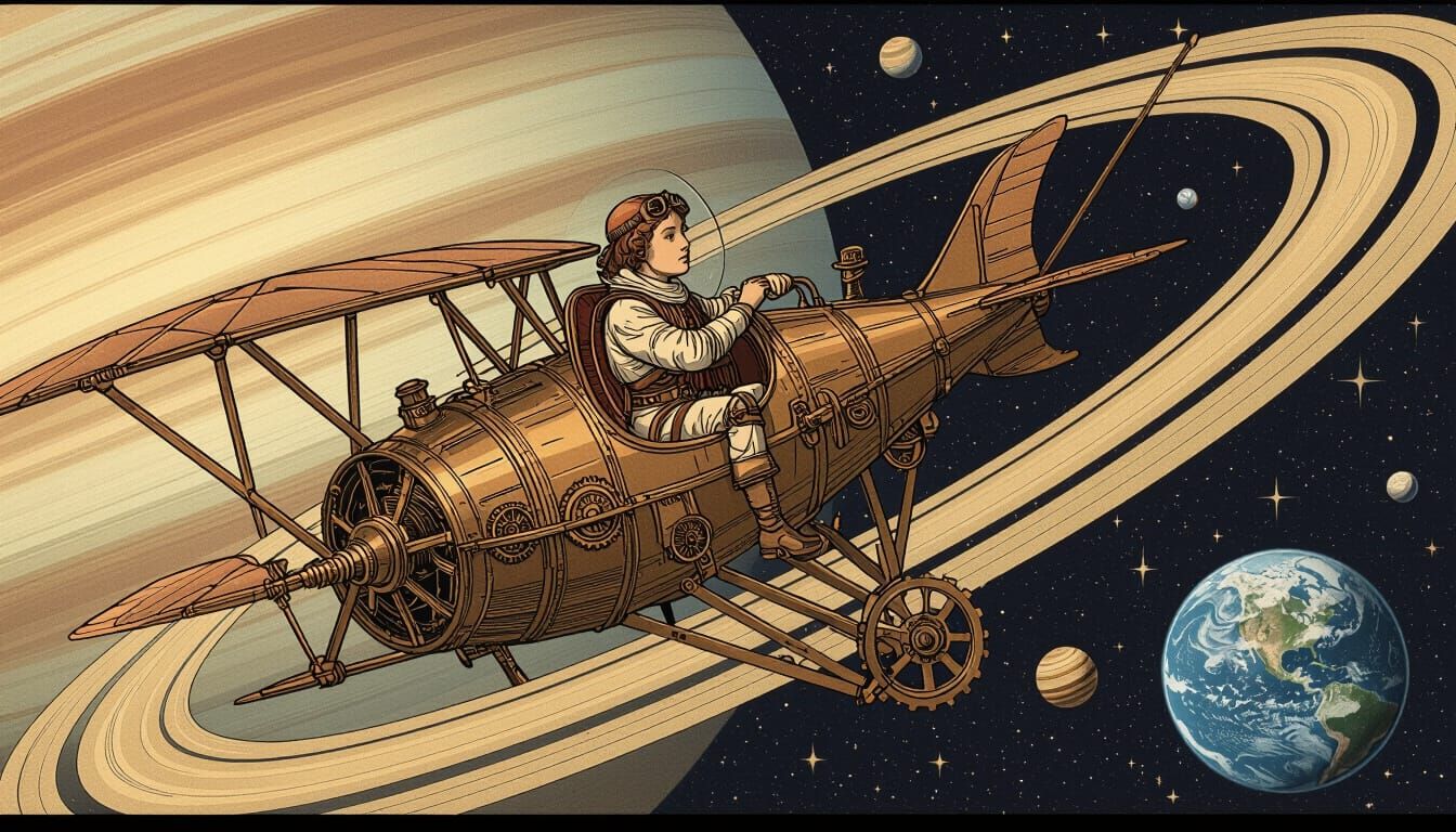 Steampunk Da Vinci Soaring Through Gas Giant Rings