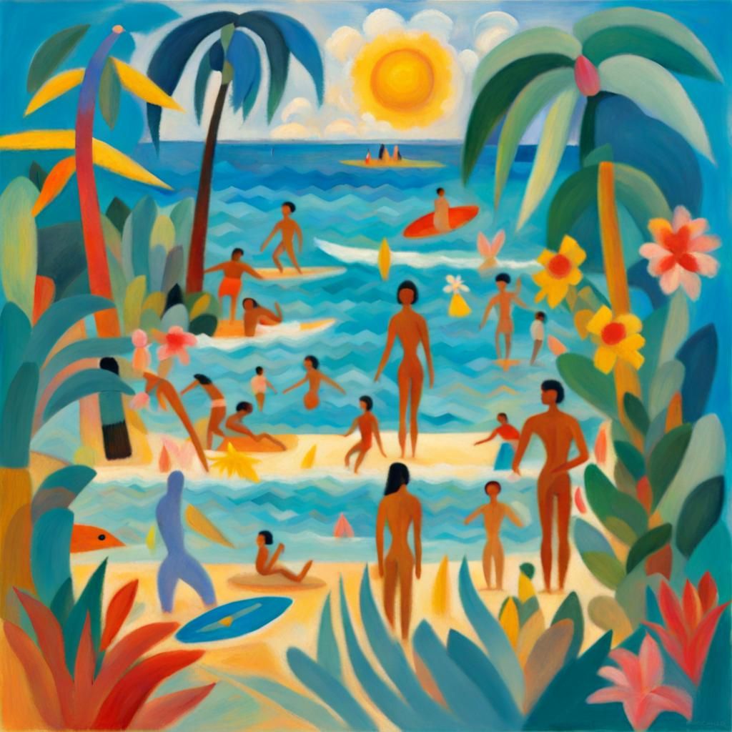 Polynesian Beach Scene in Abstract Expressionist Style