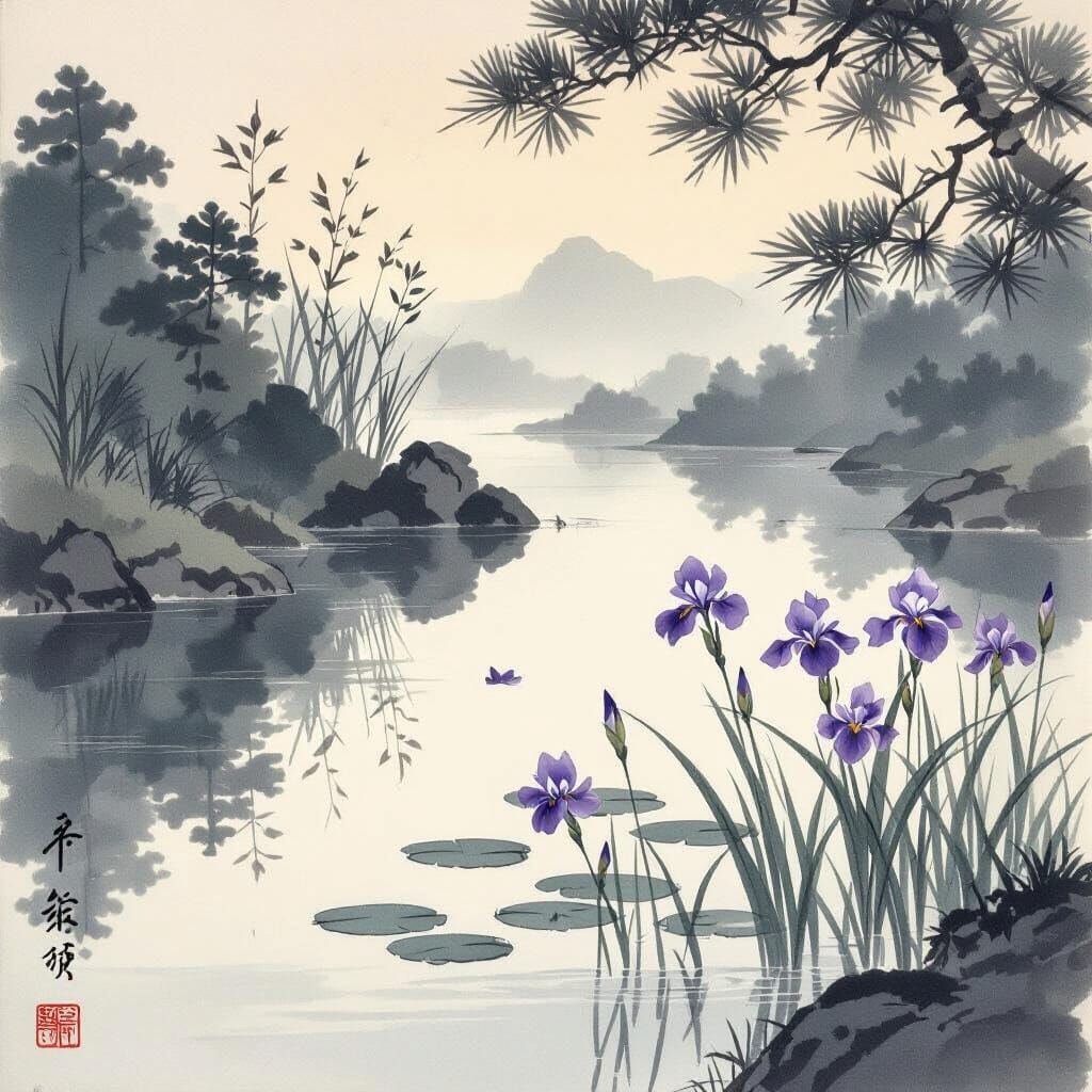 Japanese Aesthetic Pond with Irises in Yamato-e Style