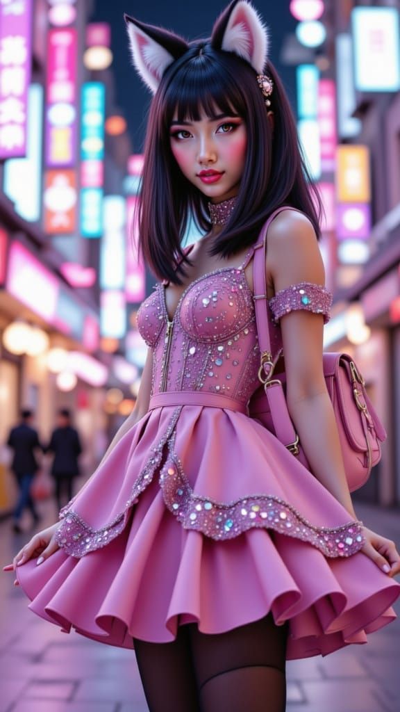 Pastel Kawaii Harajuku Girl with Fox Ears and Tail