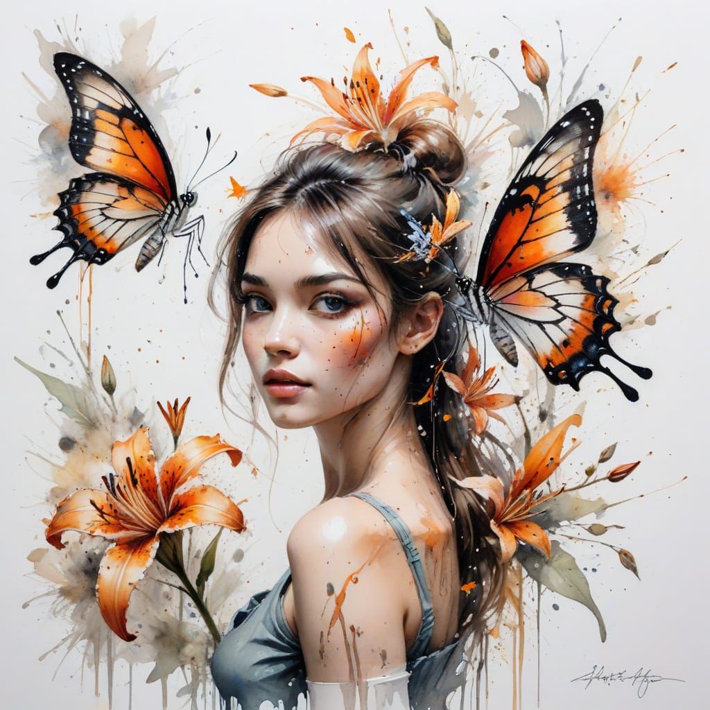 Butterfly on Tiger Lily in Splashy Watercolour Style