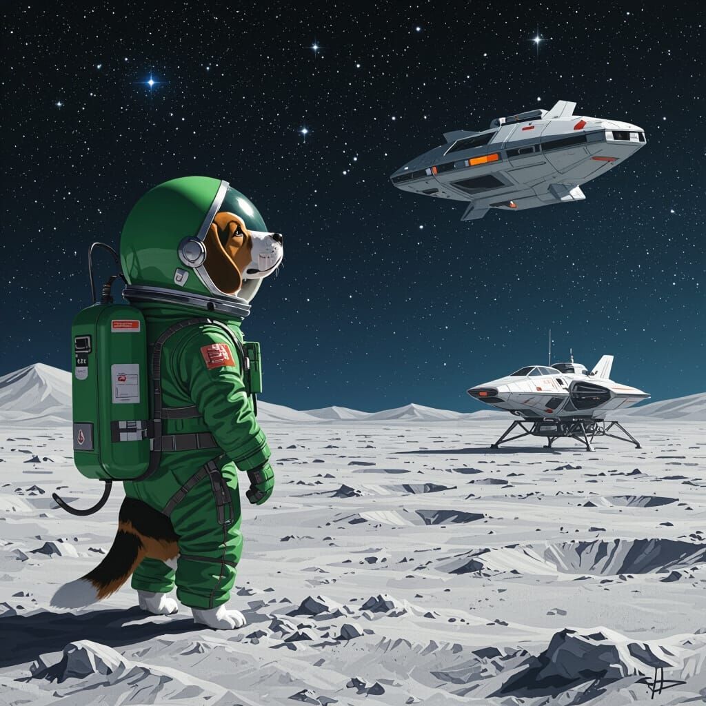 Beagle Astronaut Gazing at Stars on the Moon
