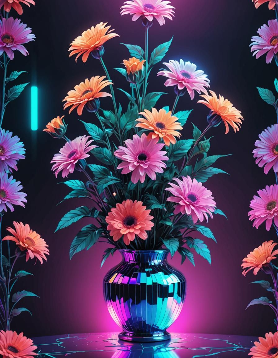 Surreal Holographic Flowers in a Neon Vase
