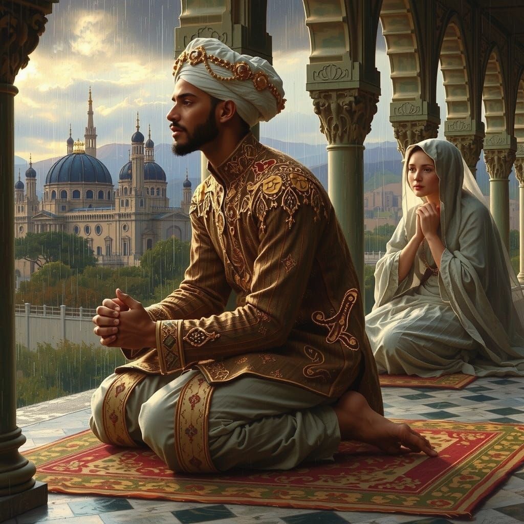 Pre-Raphaelite Prince Kneeling in the Rain