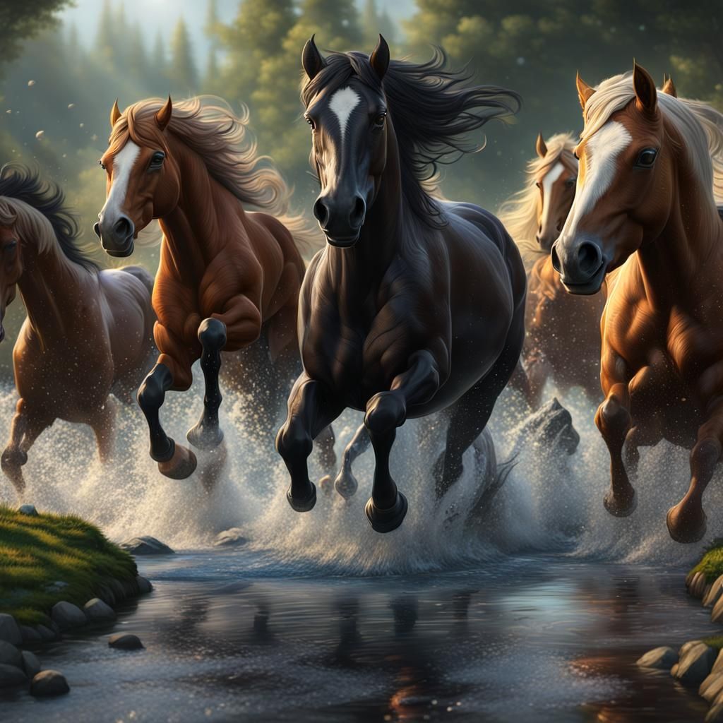 Horses Galloping: Detailed Dark Fantasy Art