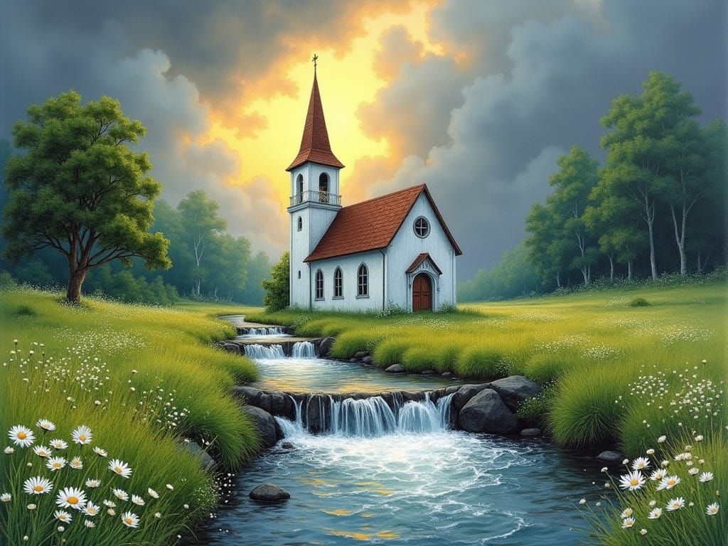 Peaceful Church Amidst Turbulent River