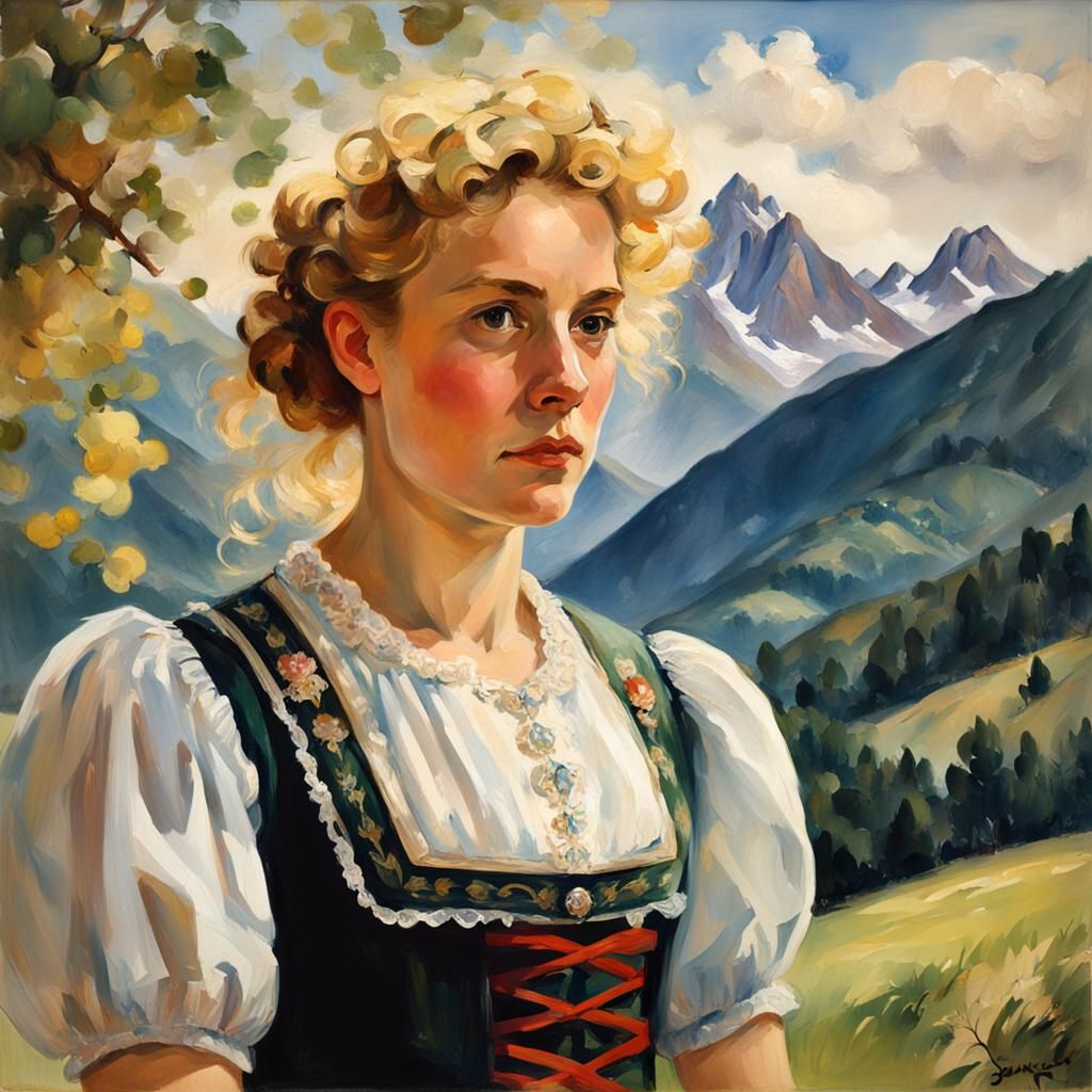 Bavarian Woman in Mountains, Oil Painting Style