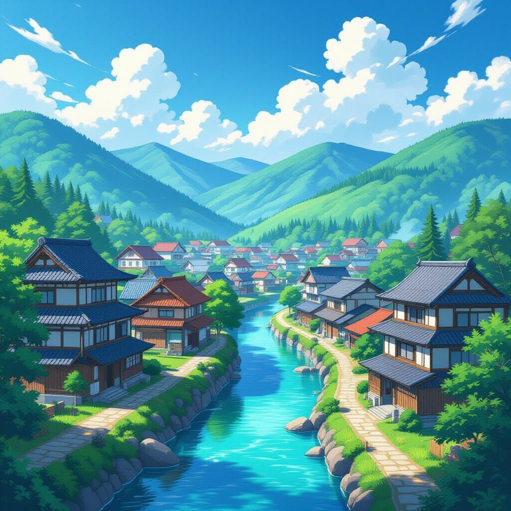 Anime Village Landscape in the Style of Makoto Shinkai