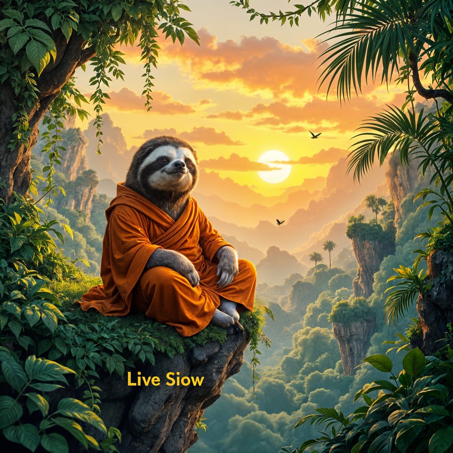 Zen Sloth Meditates in Amazon Rainforest at Sunset