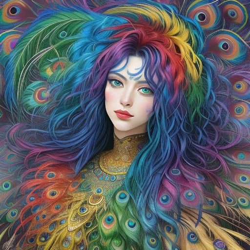 Rainbow Woman Portrait with Peacock Feathers as Impressionis...