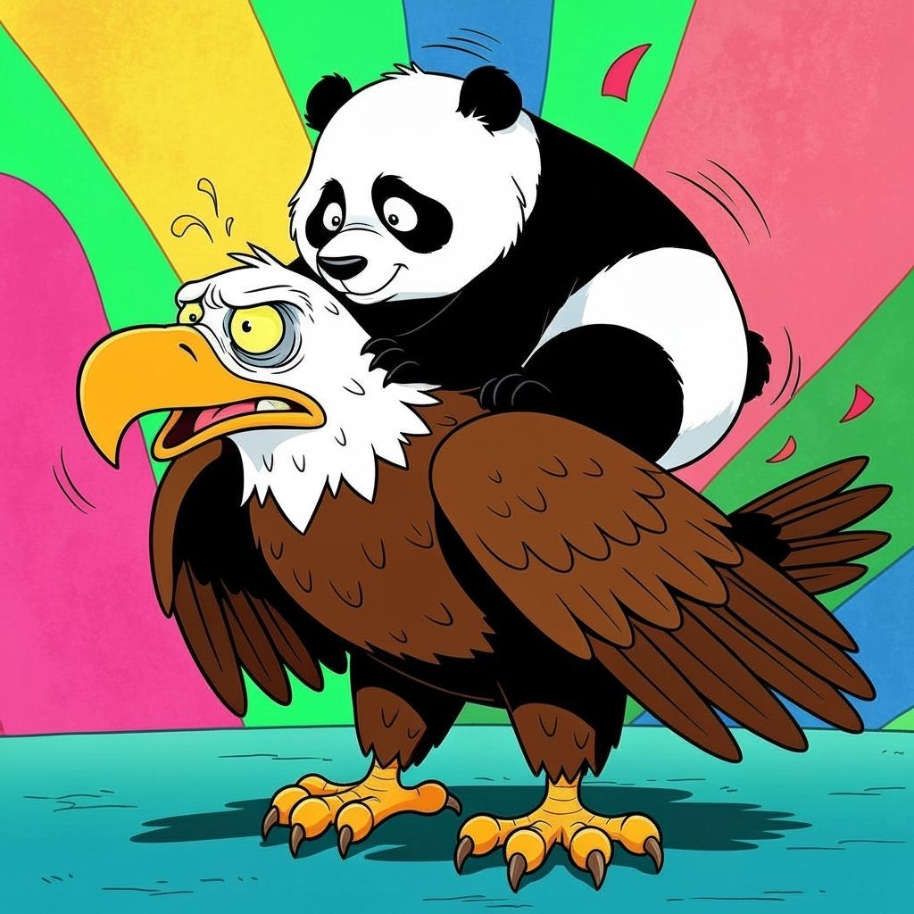 Panda Crushing Eagle: Vibrant Cartoon Style