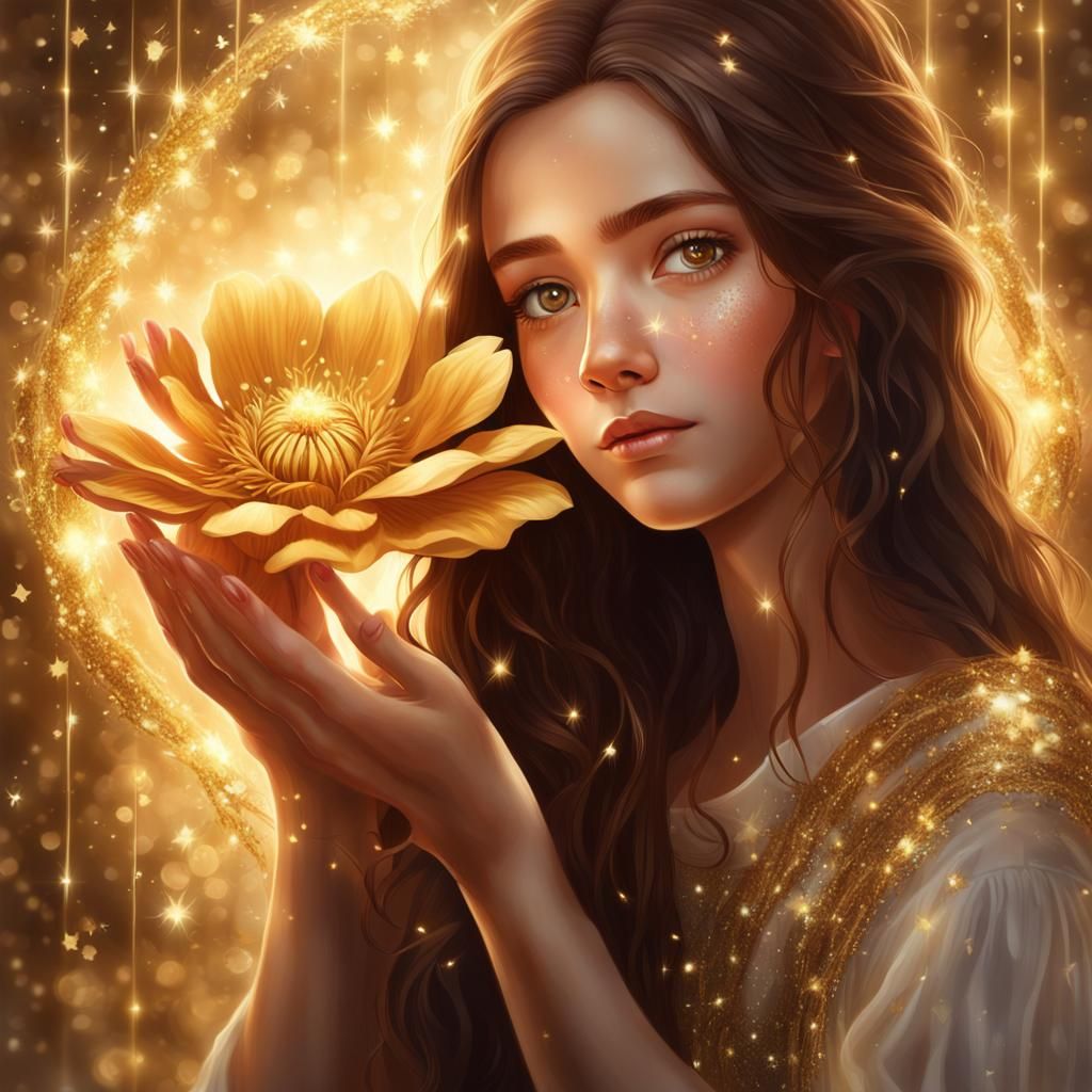 Girl with Golden Flower in Hyper-Realism