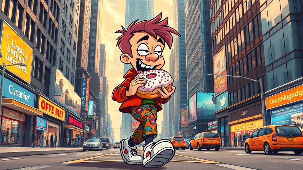 Comic Strip Hero Devours Donut in Dreamlike Cityscape
