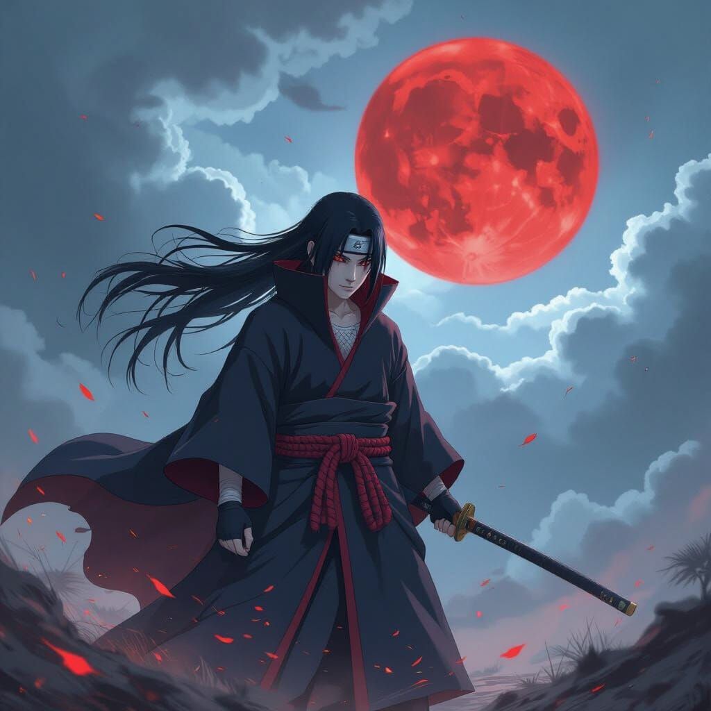 Itachi Controls Nine-Tailed Beast Under Red Moon