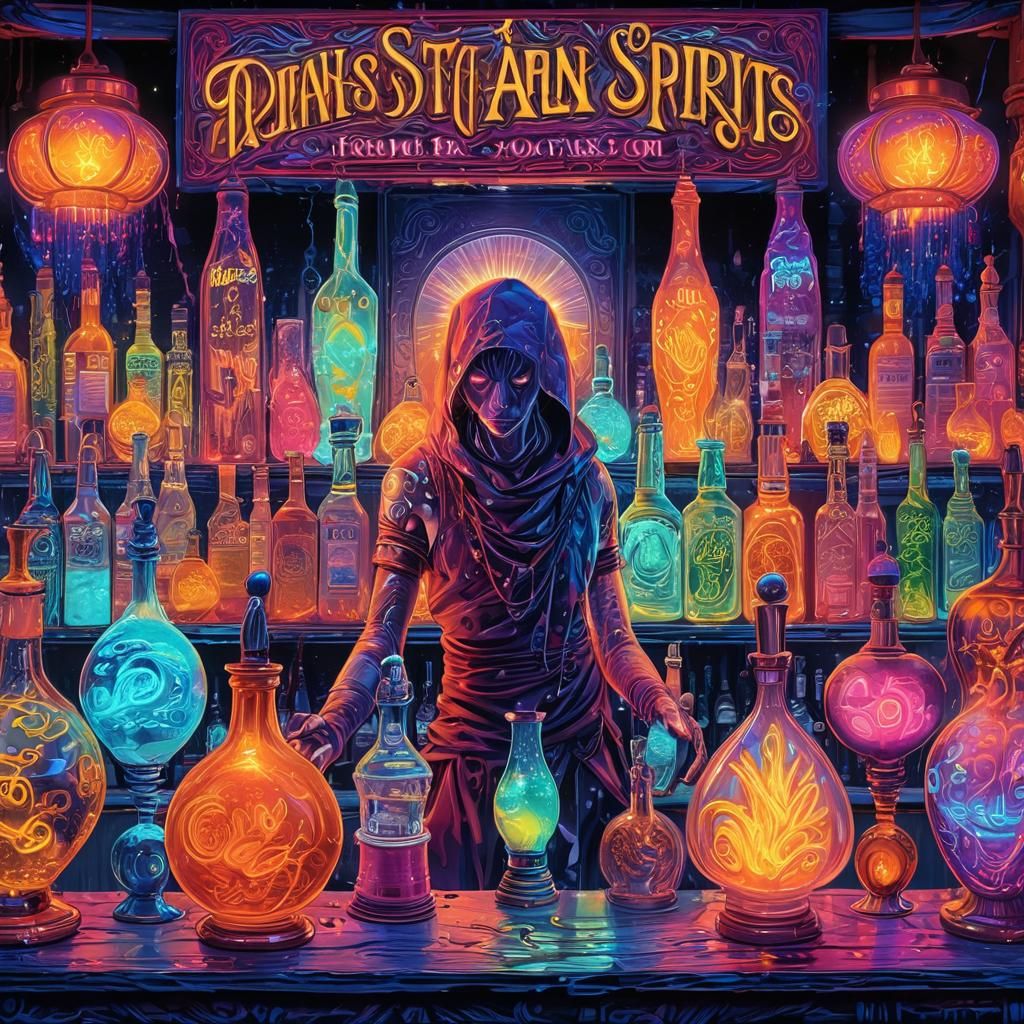 Cyberpunk Robotic Monk Drinks Glowing Blue Liquor